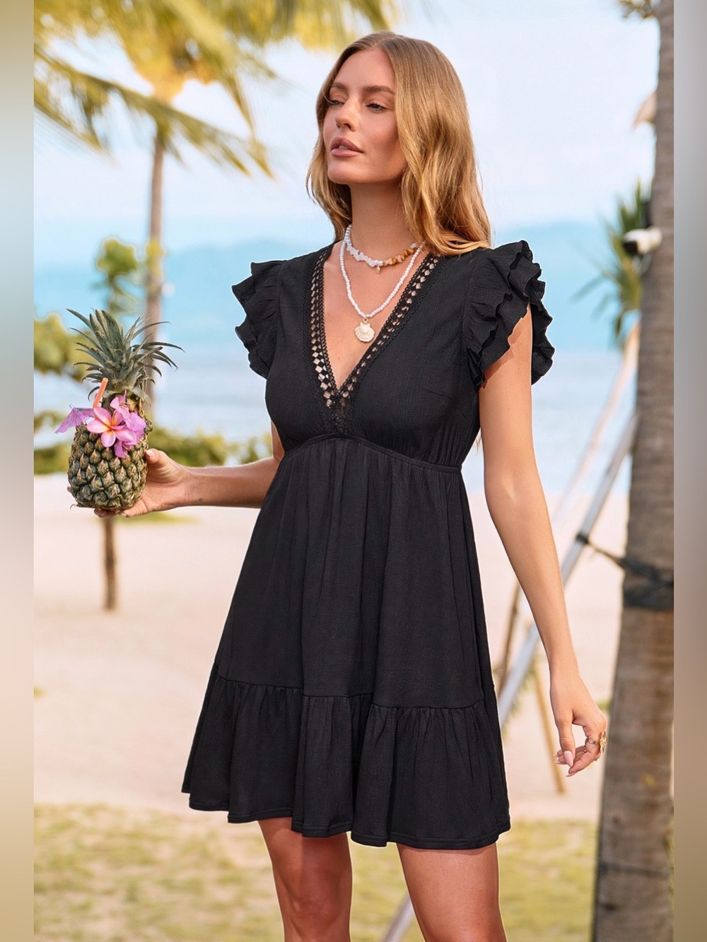 Black Ruffled Short Sleeve Plunging Ruffled Mini Dress - Picture 3 of 3